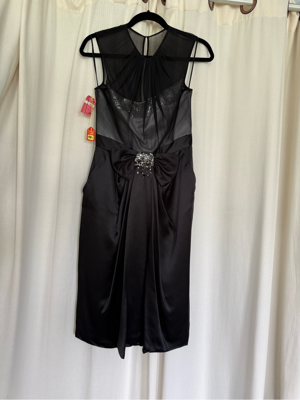 NWT Dorian Ho (10) Black Midi Dress with Sheer Yoke and Embellished Bow